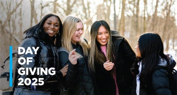 four students in winter coats standing outside, graphic of Day of Giving 2025 stacked at left