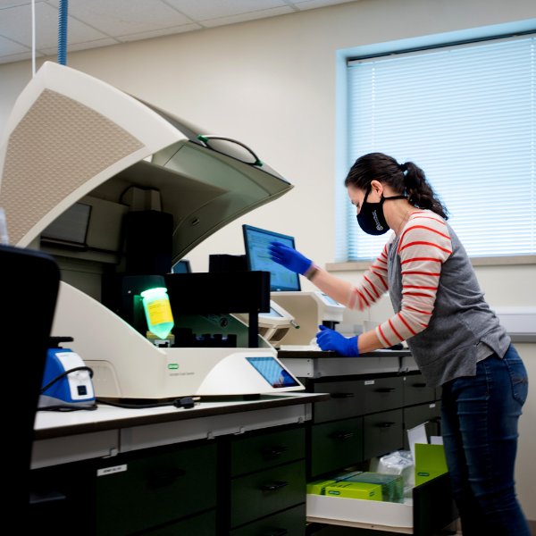 Grand Valley State University adjunct research assistant Molly Lane at the university's Annis Water Resources Institute, is pictured with new research equipment called BIO-RAD Automated Droplet Generator on November 9, 2020.